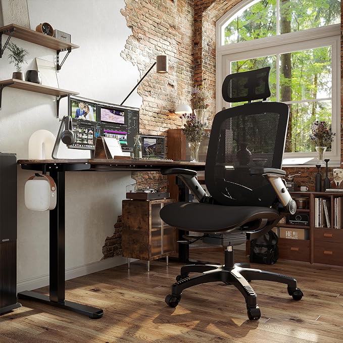GABRYLLY Ergonomic Office Mesh Chair, High-Back Desk Chair with Sliding Seat, Adjustable Flip-up Armrest & 2D Headrest, 4-Gear Tilt Function, Swivel Computer Gaming Chair for Man Woman - LeafyLoom