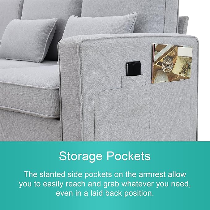 104" Modern Sofa, 4-seat Couch with Armrest Pockets and 4 Pillows for Living Room, Apartment, 104inch, Light Gray - LeafyLoom