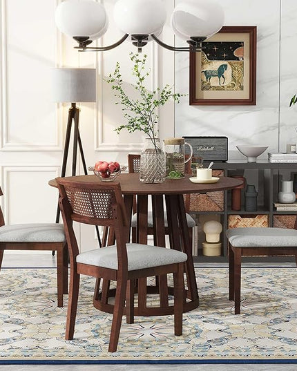NicBex Dining Table for 4 Kitchen & Dining Room Tables 5-Piece Retro Dining Set with 1 Round Dining Table and 4 Upholstered Chairs with Rattan Backrests for Dining Room and Kitchen, Walnut - LeafyLoom