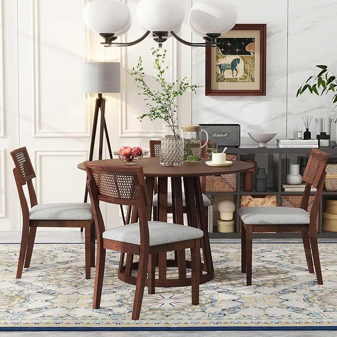 NicBex Dining Table for 4 Kitchen & Dining Room Tables 5-Piece Retro Dining Set with 1 Round Dining Table and 4 Upholstered Chairs with Rattan Backrests for Dining Room and Kitchen, Walnut - LeafyLoom