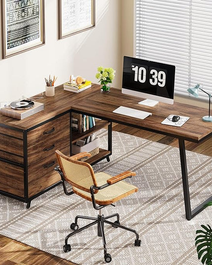 Reversible 53-inch L Shaped Desk with 3 Drawer, Farmhouse Corner Desk Gaming Table with Shelves and File Cabinet for Letter Size & Legal Size File for Home Office and Small Space - LeafyLoom