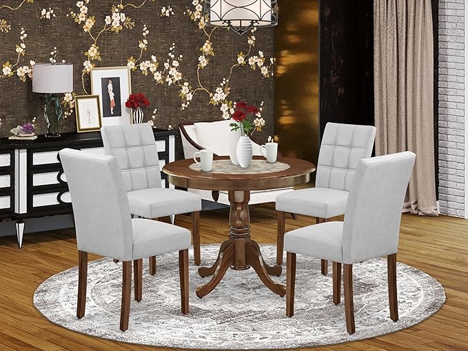 East West Furniture ANAS5-AWA-27 5 Piece Mid Century Dining Set Includes A Dinner Table and 4 Light Gray Faux Leather Parsons Chairs, Antique Walnut, 36x36 Inch - LeafyLoom