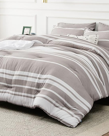 Bedsure Full Size Bedding Sets 7 Pieces, Warm Taupe White Striped Bedding Comforter Sets All Season Bed Set, 2 Pillow Shams, Flat Sheet, Fitted Sheet and 2 Pillowcases - LeafyLoom