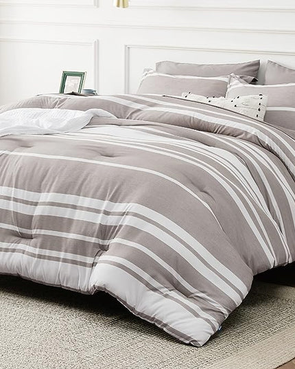 Bedsure Bed in a Bag Twin Size 5 Pieces, Warm Taupe White Striped Bedding Comforter Sets All Season Bed Set with 1 Pillow Sham, Flat Sheet, Fitted Sheet and 1 Pillowcase - LeafyLoom