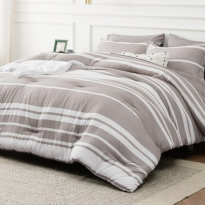 Bedsure Bed in a Bag Twin Size 5 Pieces, Warm Taupe White Striped Bedding Comforter Sets All Season Bed Set with 1 Pillow Sham, Flat Sheet, Fitted Sheet and 1 Pillowcase - LeafyLoom