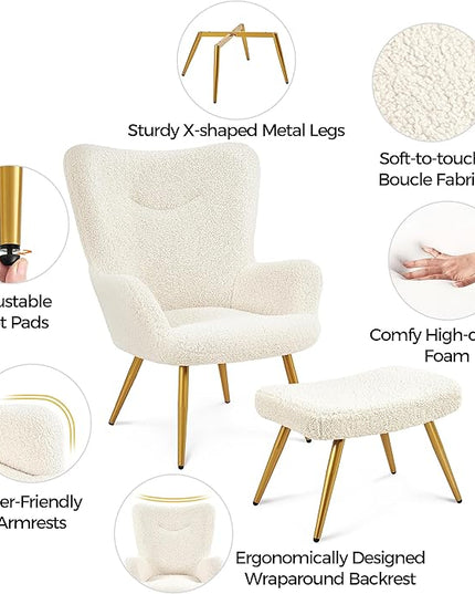 Yaheetech Accent Chair and Ottoman Set, Sherpa Armchair with Golden Metal Legs and High Back, Footstool for Living Room, Lounge, Ivory - LeafyLoom