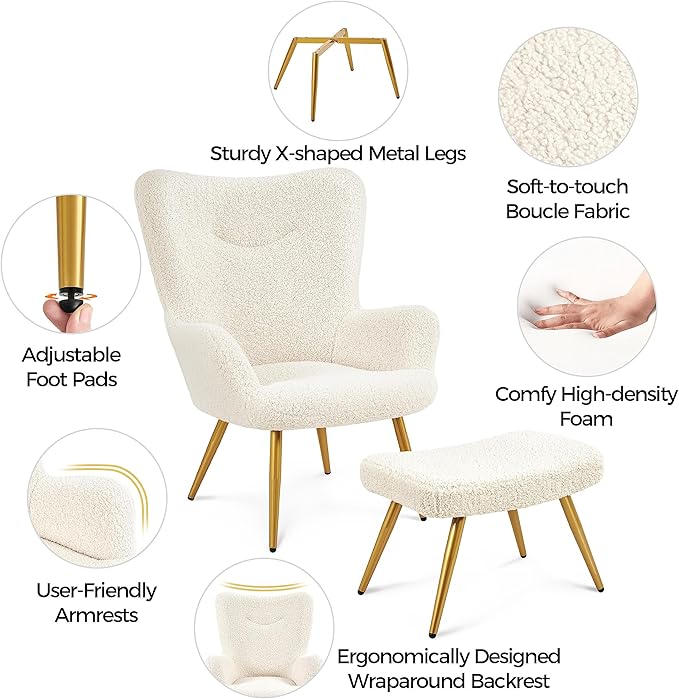 Yaheetech Accent Chair and Ottoman Set, Sherpa Armchair with Golden Metal Legs and High Back, Footstool for Living Room, Lounge, Ivory - LeafyLoom