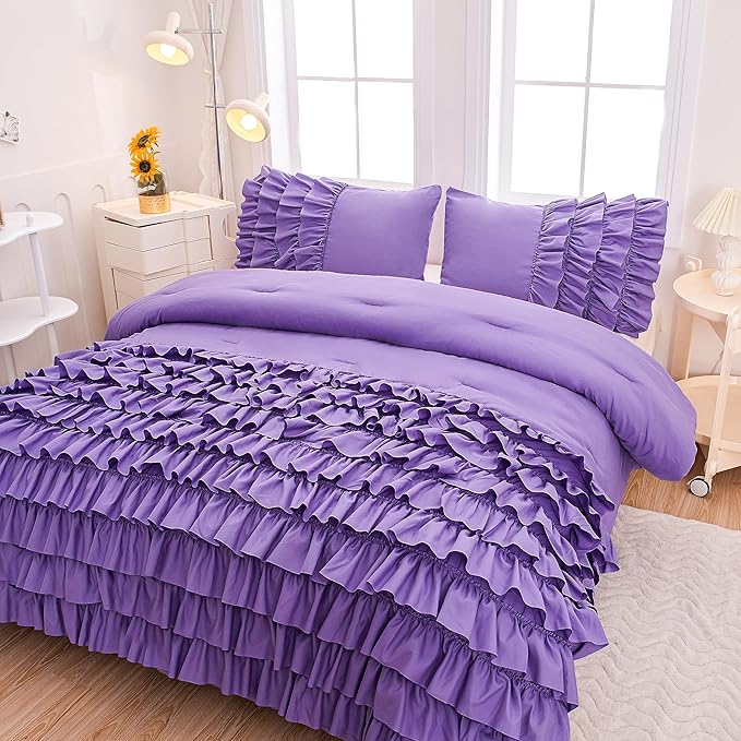 Purple Comforter Set Full Size, Light Purple Boho Ruffle Bedding Set, 3Pcs Kids Girls Full Size Bedding Sets for All Season - LeafyLoom
