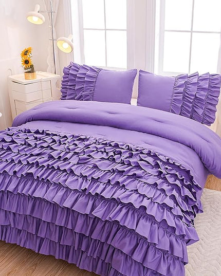 Full Size Comforter Set for Girls, Purple Ruffle Bedding Set Full, 5 Pcs Bed in a Bag for Girls, Purple Comforter Sets Full with 1 Fitted Sheets, 1 Flat Sheet, 1 Comforter, 2 Pillowcases - LeafyLoom