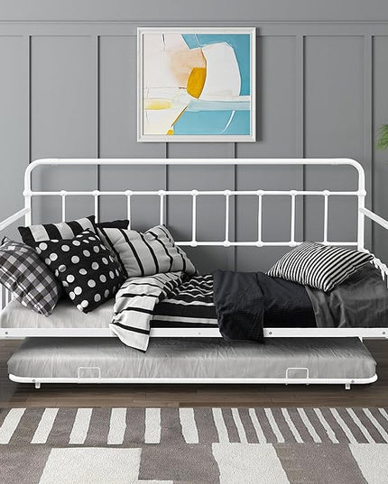 Twin Size Bed W/slats,Metal Frame Daybed with Trundle and Anti-Noise Design,Space-Saving & Easy to Install,for Living Room Bedroom Apartment,White - LeafyLoom