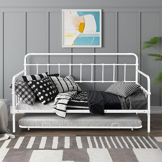 Twin Size Bed W/slats,Metal Frame Daybed with Trundle and Anti-Noise Design,Space-Saving & Easy to Install,for Living Room Bedroom Apartment,White - LeafyLoom