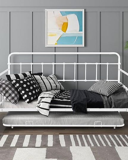 SuperStroke Jintop Twin Size Bed W slats,Metal Frame Daybed with Trundle and Anti-Noise Design,Space-Saving & Easy to Install,for Living Room Bedroom Apartment,White - LeafyLoom