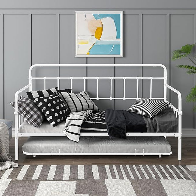 SuperStroke Jintop Twin Size Bed W slats,Metal Frame Daybed with Trundle and Anti-Noise Design,Space-Saving & Easy to Install,for Living Room Bedroom Apartment,White - LeafyLoom