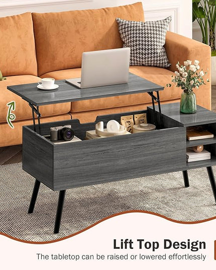Lift Top Coffee Table with Storage, Oak Grey Coffee Table with Lifting Top, Hidden Compartment and Open Shelves, Mid-Century Modern Wood Coffee Table for Living Room, Small Space - LeafyLoom