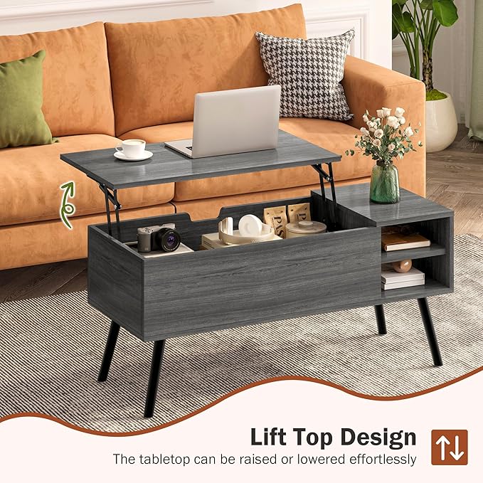 Lift Top Coffee Table with Storage, Oak Grey Coffee Table with Lifting Top, Hidden Compartment and Open Shelves, Mid-Century Modern Wood Coffee Table for Living Room, Small Space - LeafyLoom