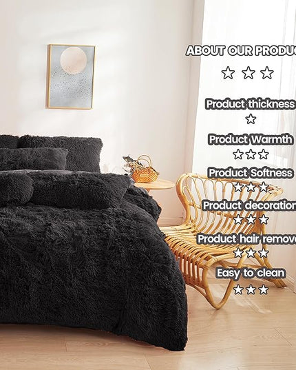 FOPPA Black fluffy Comforter Cover Set king- Ultra Soft fluffy Black Bedding Sets 3 Pieces (1 Duvet Cover + 2 Pillow case) pink fluffy bed set (Black, King) - LeafyLoom