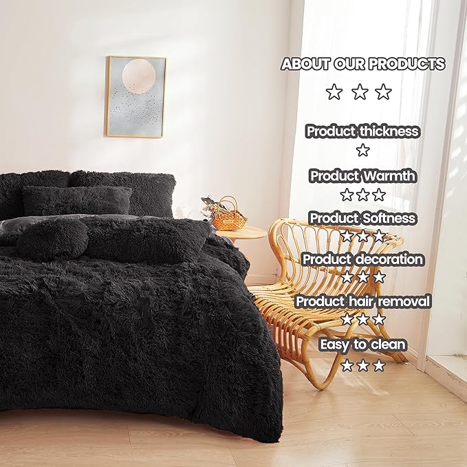 Ultra Soft Black Faux Fur 3 Piece Queen Comforter Set - Plush Fluffy Bedding With Duvet Cover and 2 Pillowcases - LeafyLoom
