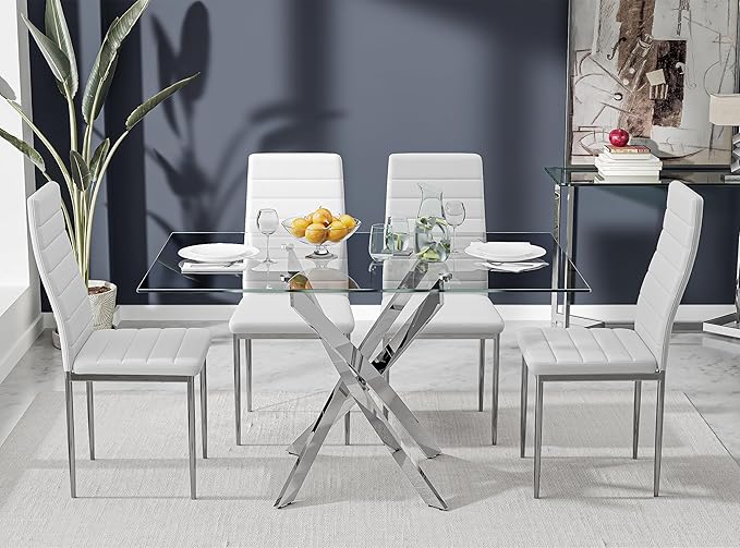 Tempered Glass Dining Table with Chromed Legs,47" Modern Rectangular Kitchen Table for Dining Room Kitchen,Sliver - LeafyLoom