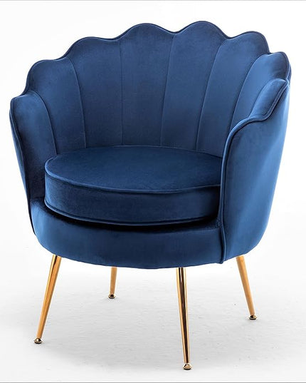Velvet Barrel Accent Chair with Scalloped Silhouette and Gold Metal Legs, Decorative Piece Suitable for Traditional, Modern, and Contemporary Spaces, Navy Blue - LeafyLoom