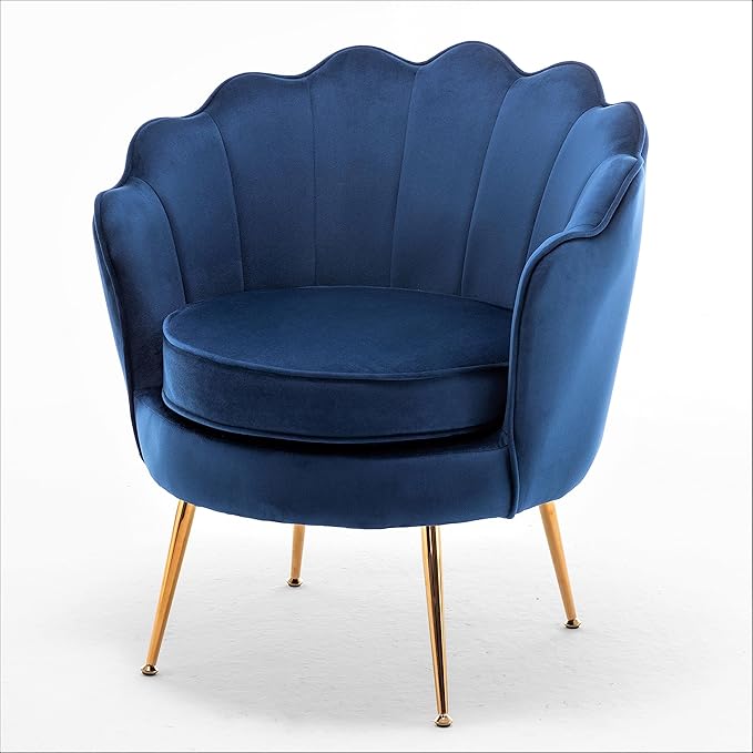 Velvet Barrel Accent Chair with Scalloped Silhouette and Gold Metal Legs, Decorative Piece Suitable for Traditional, Modern, and Contemporary Spaces, Navy Blue - LeafyLoom