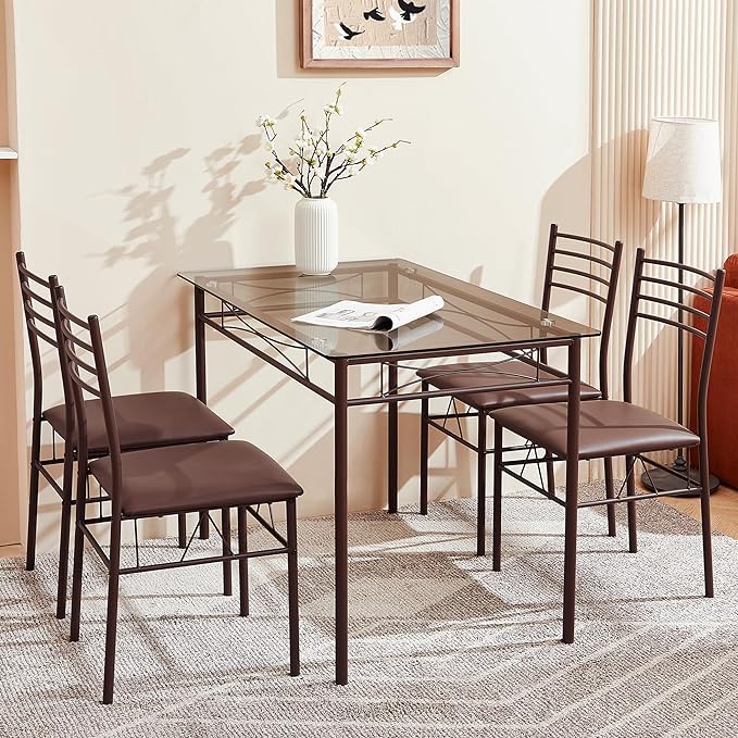 VECELO Kitchen Dining Room Table and Chairs [4 Placemats Included] 5-Piece Dinette Sets, Space Saving (Brown), 43.3" - LeafyLoom