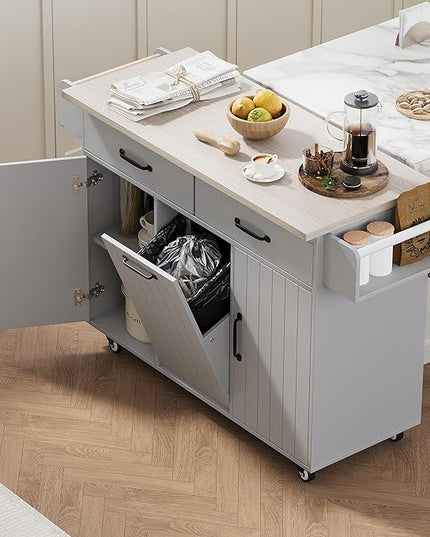 51.06 Inch Rolling Kitchen Cart with Trash Can Storage Cabinet & Drop Leaf, Portable Mobile Islands Table w/Adjustable Shelf, Spice, Towel Rack and Drawers, for Dining Room, Grey - LeafyLoom