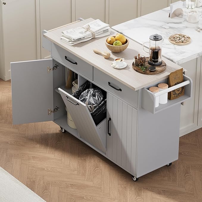 51.06 Inch Rolling Kitchen Cart with Trash Can Storage Cabinet & Drop Leaf, Portable Mobile Islands Table w/Adjustable Shelf, Spice, Towel Rack and Drawers, for Dining Room, Grey - LeafyLoom