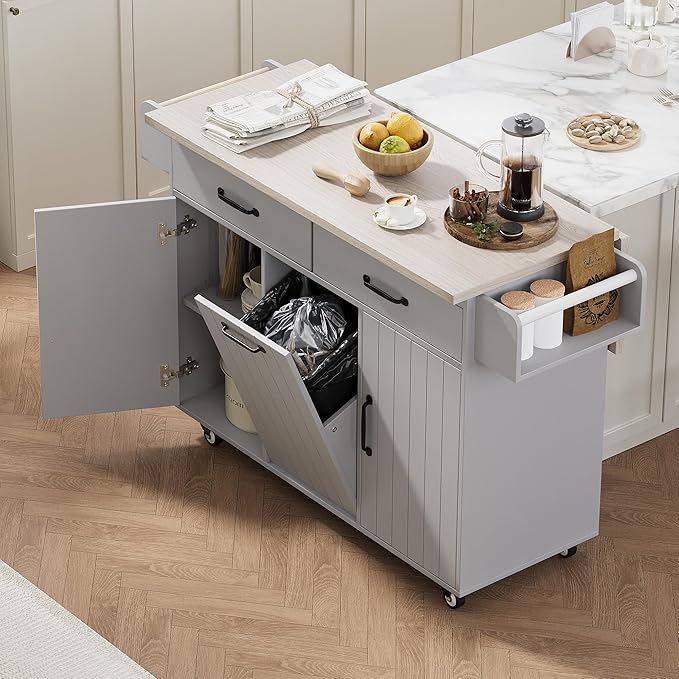 Kitchen Island with Trash Can Storage Cabinet, Kitchen Cart with Drop Leaf, Spice Rack, Towel Rack and Drawer, Rolling Kitchen Island on Wheels with Adjustable Shelf, Grey - LeafyLoom