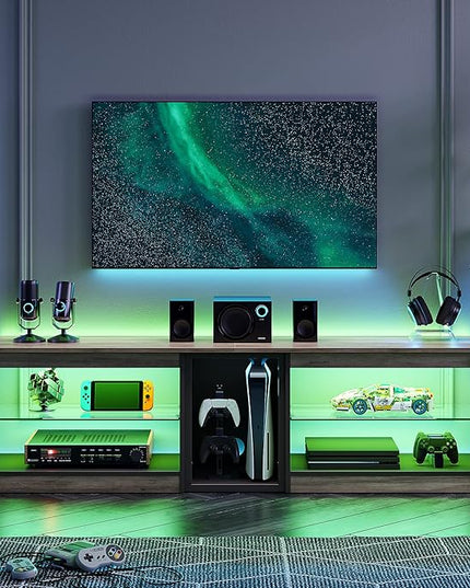 Bestier TV Stand for 70 inch TV, Gaming Entertainment Center for PS5, LED TV Cabinet with Glass Shelves for Living Room, 63'' Inch, Grey Wash - LeafyLoom