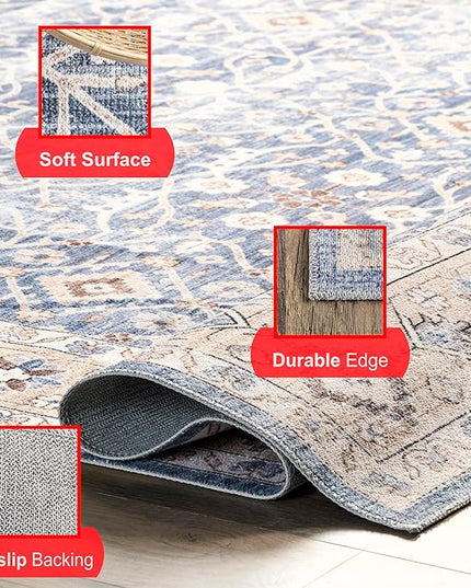 nuLOOM Shae Faded Persian Bordered Machine Washable Ultra Thin Area Rug, 4' x 6', Blue - LeafyLoom