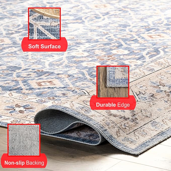 nuLOOM Shae Faded Persian Bordered Machine Washable Ultra Thin Area Rug, 4' x 6', Blue - LeafyLoom