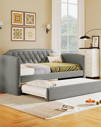 Merax Twin Size Upholstered Daybed with Trundle Bed, Linen Fabric Tufted Wooden Sofa Bed Frame for Living Room, Guest Room, Bedroom, Grey - LeafyLoom