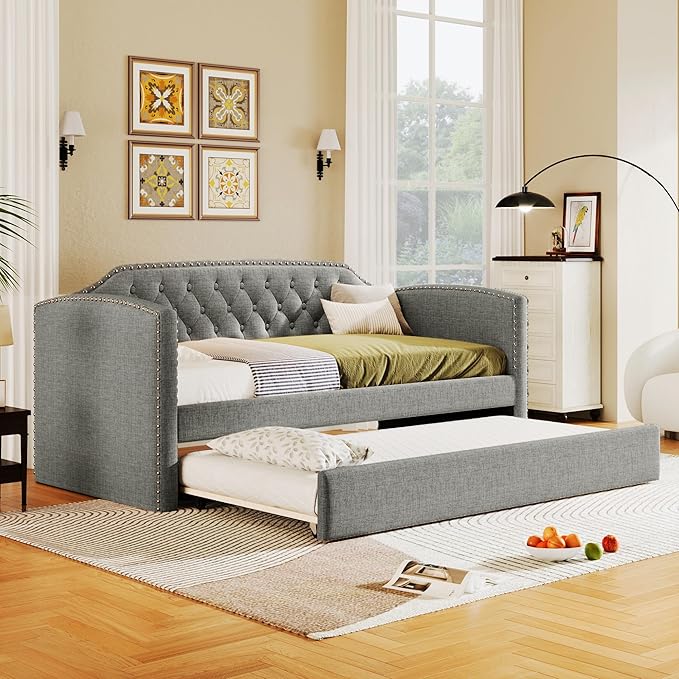 Merax Twin Size Upholstered Daybed with Trundle Bed, Linen Fabric Tufted Wooden Sofa Bed Frame for Living Room, Guest Room, Bedroom, Grey - LeafyLoom