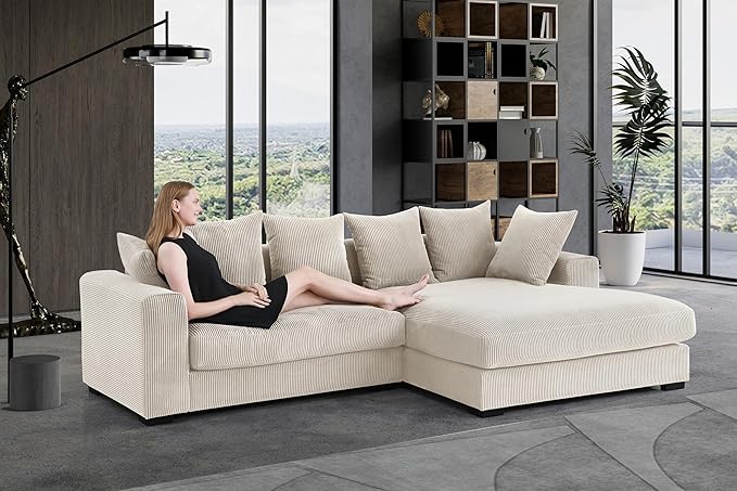 110" Modern L-shaped Sectional Sofa with Big Chaise,Upholstered Sleeper Couch W/ 6 Throw Pillows & Generously Armrests,Easy Assembly,Spacious Loveseat for Living Room Apartment Home,Beige - LeafyLoom