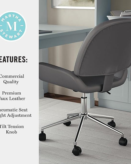 Martha Stewart Tyla Armless Swivel Task Chair for Home Office in Gray Faux Leather with Polished Nickel Frame - LeafyLoom