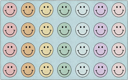 Flagship Carpets Schoolgirl Style Pastel Rainbow Smileys Criss-Cross Applesauce Educational Area Rug for Kids Room, Children's Classroom for Teaching and Playroom, 7'6" x 12', Multi, Seats 28 - LeafyLoom
