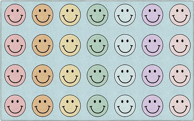 Flagship Carpets Schoolgirl Style Pastel Rainbow Smileys Criss-Cross Applesauce Educational Area Rug for Kids Room, Children's Classroom for Teaching and Playroom, 7'6" x 12', Multi, Seats 28 - LeafyLoom