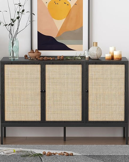 Sideboard Buffet Cabinet with Handmade Natural Decorated Doors, Accent Rattan Cabinet, Table, Metal Legs for Living Room, Hallway, Entryway, Black 3 doors - LeafyLoom