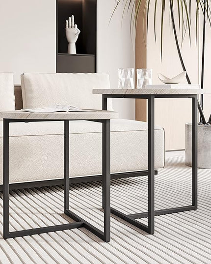 Round Coffee Table Set of 2 End Tables for Living Room,Black Small Coffee Table Living Room Table,Metal Frame & Wood Look,Sturdy and Easy Assembly,Stacking Side Tables Bedroom,White - LeafyLoom