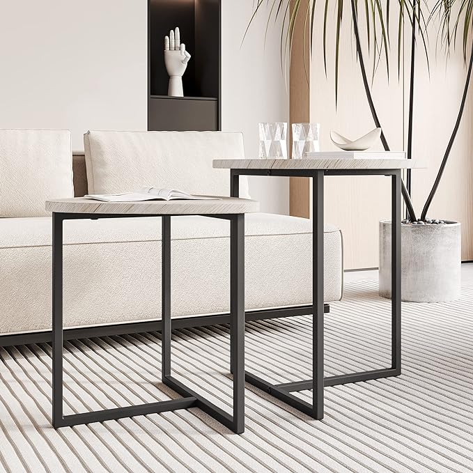 Round Coffee Table Set of 2 End Tables for Living Room,Black Small Coffee Table Living Room Table,Metal Frame & Wood Look,Sturdy and Easy Assembly,Stacking Side Tables Bedroom,White - LeafyLoom