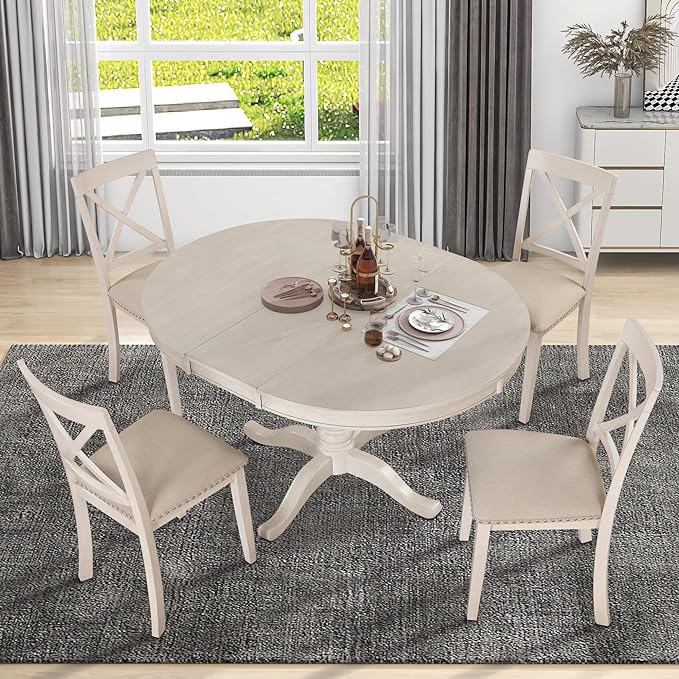 NicBex Round Dining Table Set for 4 Kitchen & Dining Room Tables Modern Dining Table Set for 4, Round Table and 4 Kitchen Room Chairs for Dining Room, Dinette, Breakfast Nook, Antique White - LeafyLoom