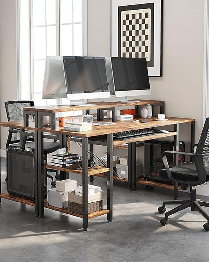 VERMESS Computer Desk, 48 Inch Home Office Desk, Gaming Desk with Keyboard Tray, Full Monitor Stand, Storage Shelves, CPU Stand Shelf, 47" Study Table Wide Writing Desk for 2 Monitors, Rustic Brown - LeafyLoom