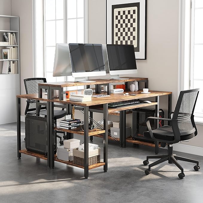 VERMESS Computer Desk, 48 Inch Home Office Desk, Gaming Desk with Keyboard Tray, Full Monitor Stand, Storage Shelves, CPU Stand Shelf, 47" Study Table Wide Writing Desk for 2 Monitors, Rustic Brown - LeafyLoom