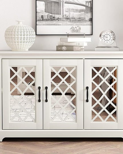 Galano Millicent 3 Door Sideboard with Acrylic Mirrors, Kitchen Buffet Cabinet, Farmhouse Coffee Bar Display Cabinet for Home Kitchen, Living Room, Dining Room and Hallway, Ivory - LeafyLoom