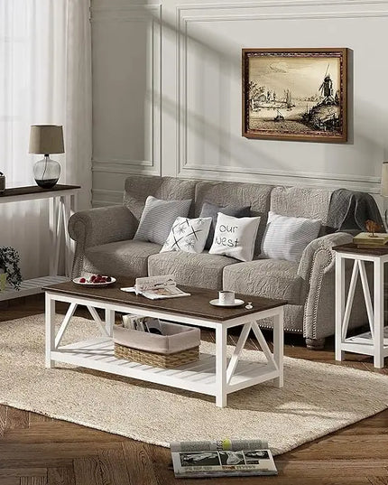 ChooChoo Farmhouse Coffee Table, Rustic Vintage Living Room Table with Shelf, 47 White - LeafyLoom
