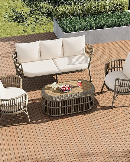 Furniture 4-Piece Outdoor Patio Conversation Seating for 5 Person and Coffee Table, Rattan Chair Wicker Sofa Bistro Sets for Porch, Backyard and Garden, Brown - LeafyLoom