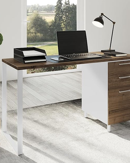 Milano Home Office Desk - 47Inch Cass walnut/white Home Office Desk with Drawers - Modern Computer Desk with Storage, Detachable & Lockable Computer Cabinet - Wooden Office, Study, and Writing Table - LeafyLoom
