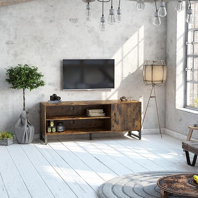 Novilla Media Console, TV Stand for TV's up to 58" Flat Screen Living Room Storage Cabinet Doors and Shelves Entertainment Center, 53 Inches, Brown - LeafyLoom