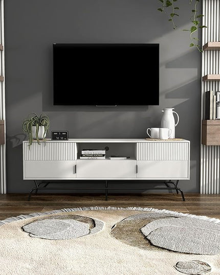 24/7 Shop at Home Quin Modern TV Stand with Storage Drawers, Media Console Cabinet, Entertainment Center for 65 inch Television, Unique Living Room Furniture, White Pure - LeafyLoom