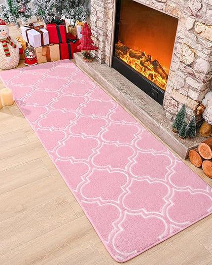 Chicrug Shag Geometric Modern Runner Rug for Bedroom, 2x6 Feet Memory Foam Indoor Hallway Runner Carpet, Fluffy Rug for Living Room Bedside Room Decor for Family, Pink/White - LeafyLoom